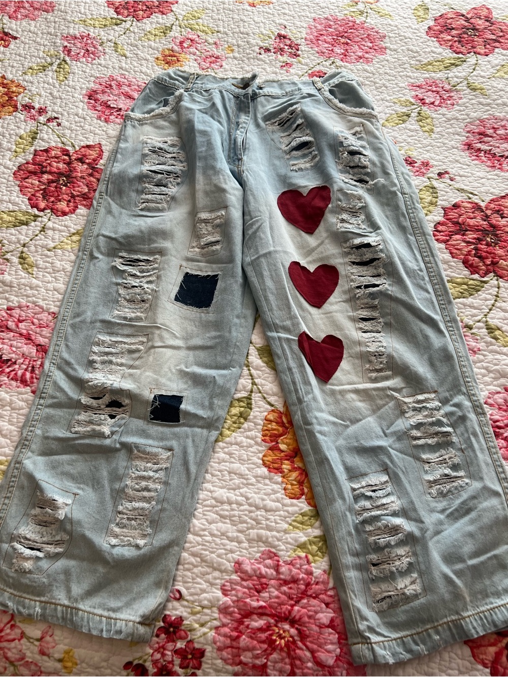 The Paper Lace Light  Wash Distressed Denim Jeans with Red Heart Patches